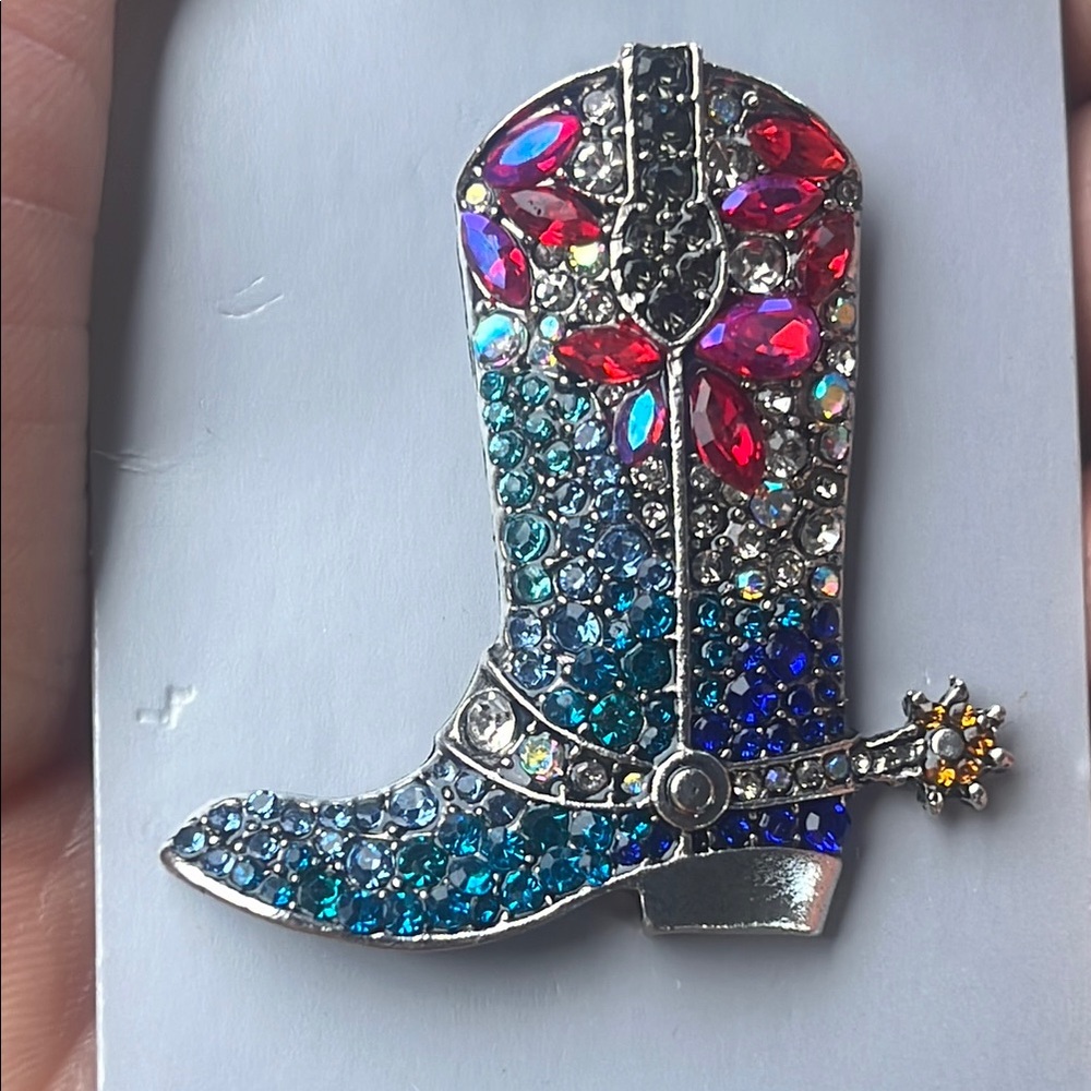 Silver and Blue Rhinestone Cowboy Boot Brooch NWT